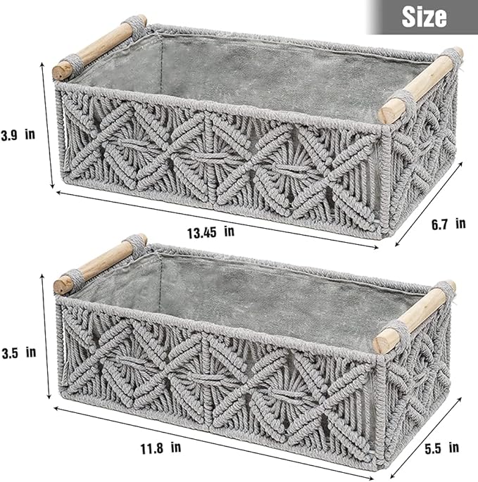 Macrame Storage Basket Boho Decor Baskets for Organizing Woven Decorative for Countertop Toilet Paper Basket for Tank Top for Home Decor Bedroom Nursery Livingroom Entryway (Set of 2,Grey)