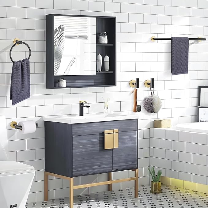 Lairuier 5 Pieces Black Gold Bathroom Accessories Set, 23.6 Inch Bath Towel Bar Set, SUS304 Stainless Steel Bathroom Hardware Set Round Toilet Paper Holder Set Wall Mounted