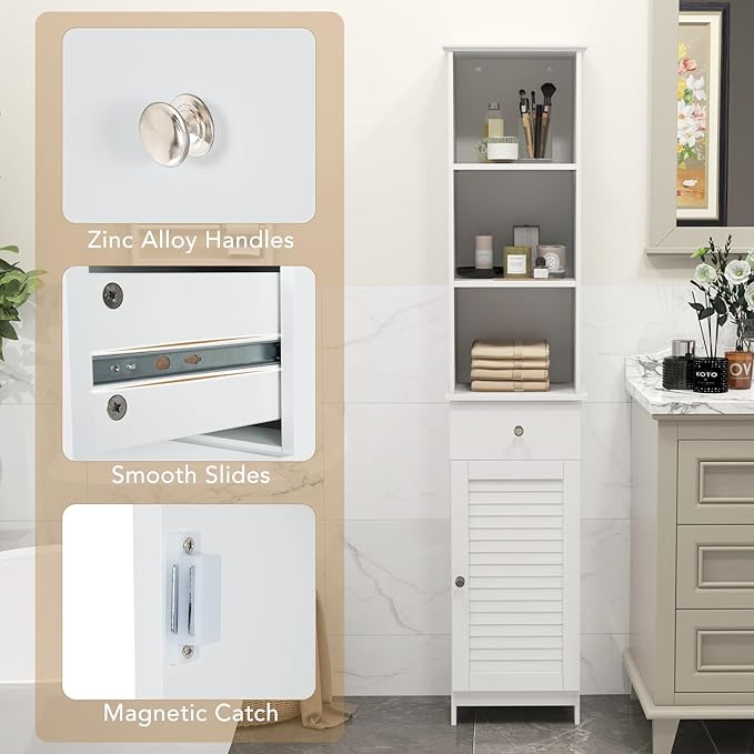 Giantex 64.5” Tall Bathroom Cabinet, Narrow Floor Storage Cabinet with Adjustable Shelves, 1 Door & 1 Drawer, Anti-Toppling Design, Modern Storage Organizer for Bathroom, Living Room, Hallway
