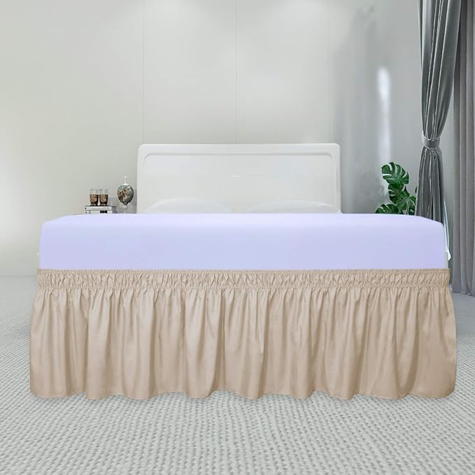 PureFit Wrap Around Ruffled Bed Skirt with Adjustable Elastic Belt - 14 Inch Drop Easy to Put On, Wrinkle Free Bedskirt Dust Ruffles, Bed Frame Cover for Queen, King and C-King Size Beds, Beige