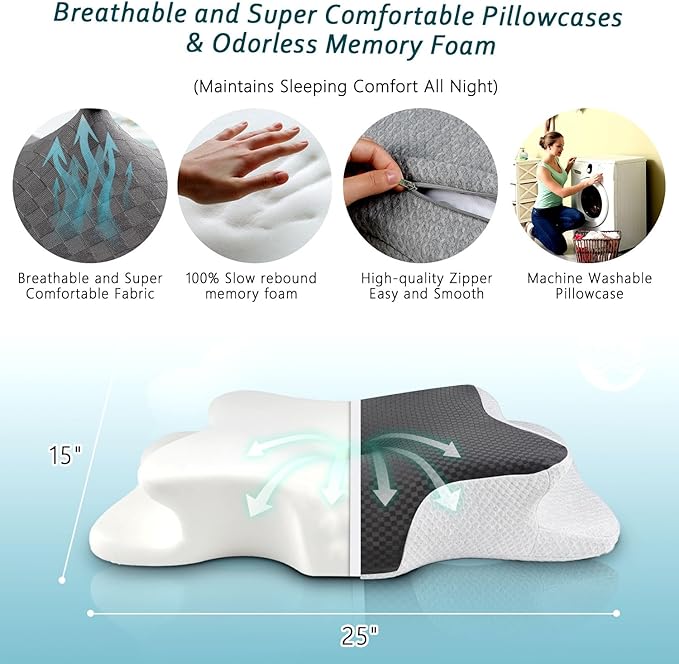 Cervical Neck Pillow for Pain Relief Sleeping, Contour Memory Foam Pillow, Ergonomic Side Sleeper Pillow for Adults, Cooling Orthopedic Neck Support Pillow for Back Stomach Sleepers