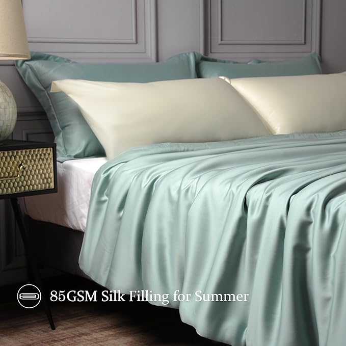 CUDDLE DREAMS Lightweight Silk Filled Comforter for Summer, Detachable Tencel Duvet Cover for Easy Care, Naturally Breathable (Celadon, Queen)