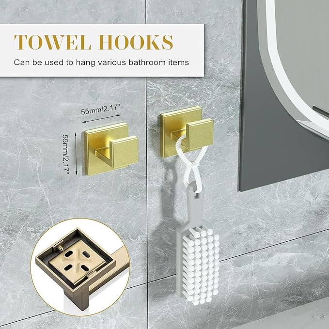 Bathroom Accessory Towel Bar Set: 20 Pieces Gold Bathroom Hardware Square SUS304 Stainless Steel - Wall Mounted Towel Rack&Toilet Paper Holder&Towel Ring and Towel Hook