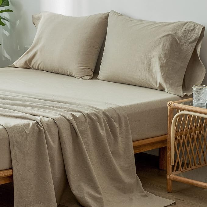 MooMee Bedding Sheet Set 100% Washed Cotton Linen Like Textured Breathable Durable Soft Comfy (Heathered Khaki, Queen)