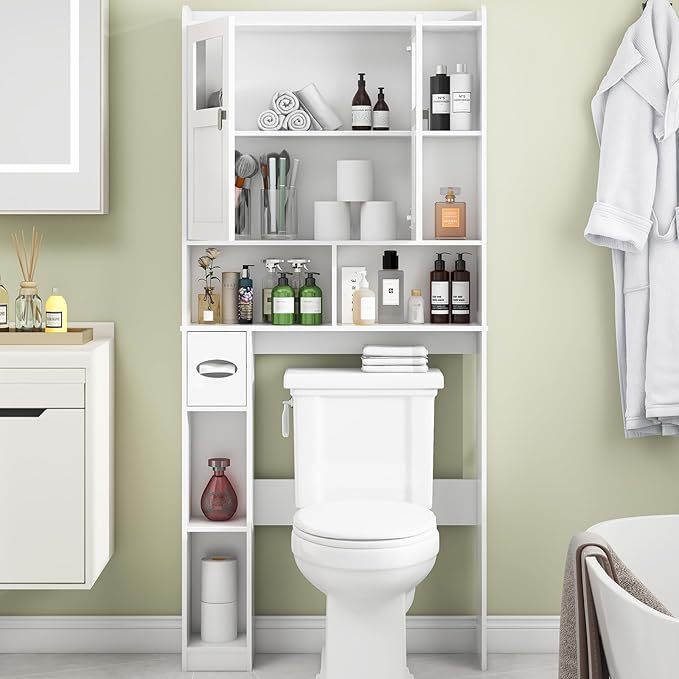 Vabches Over The Toilet Storage Cabinet, Bathroom Shelf Over Toilet with Glass Doors and Adjustable Shelves, White Freestanding Home Space Save Toilet Rack for Restroom, Bathroom, Laundry