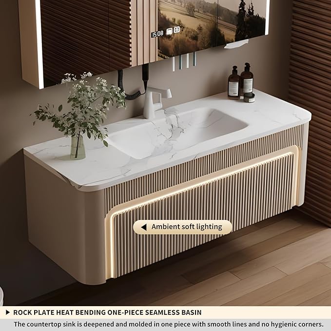 44” Bathroom Vanity Set, Floating Bathroom Vanities with Single Sink, Smart Defog Mirror Cabinet and LED Strip Light, Oak Wood Elegant Bathroom Cabinet with Storage Space (Milk Coffee)