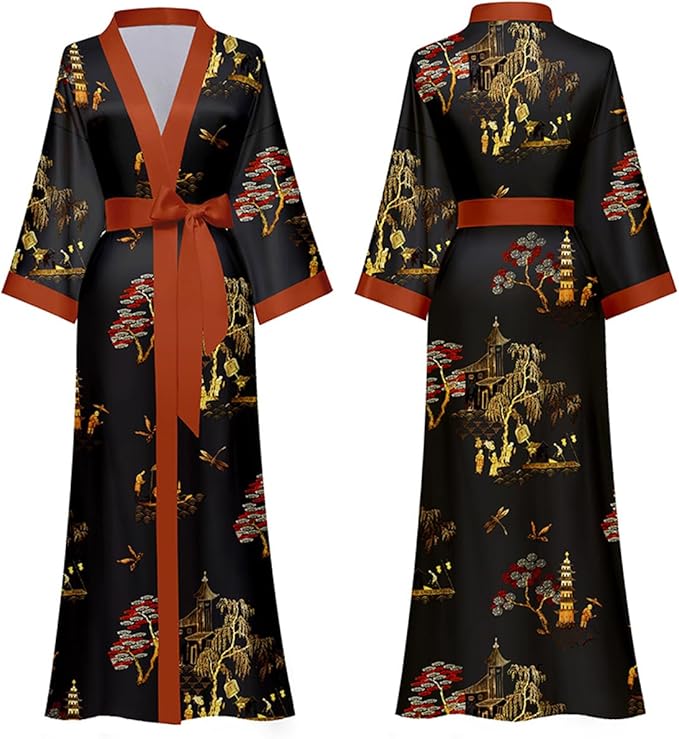 Silk Satin Robe for Women Long Japanese Kimono Robe Lightweight Soft Bathrobe Floral Luxury Dressing Gown