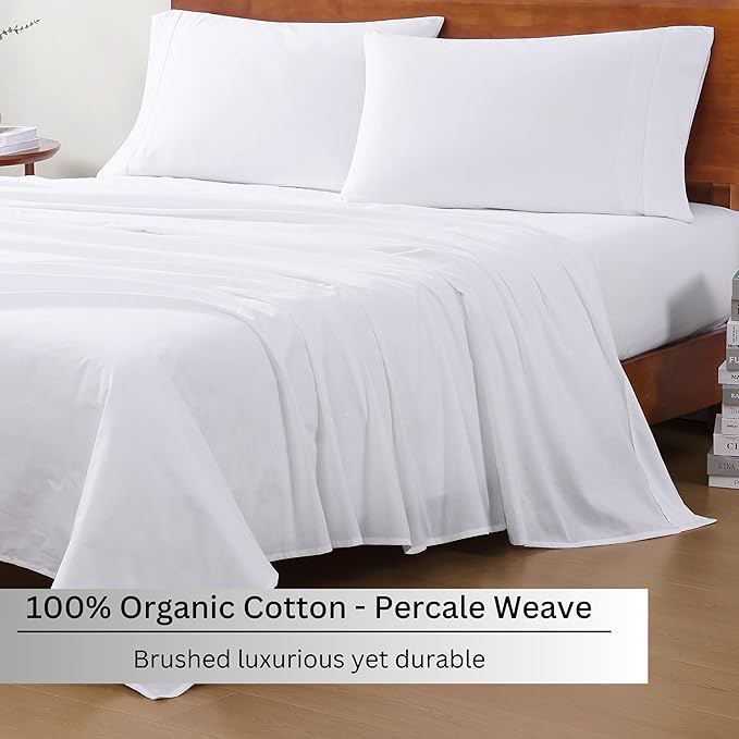 LANE LINEN 100% Organic Cotton Pure White Full Sheets Set, 4-Piece Pure Organic Cotton Long Staple Percale Weave Ultra Soft Best Bedding Sheets for Bed, Breathable, 15" Deep Pocket - White (2 Pack)