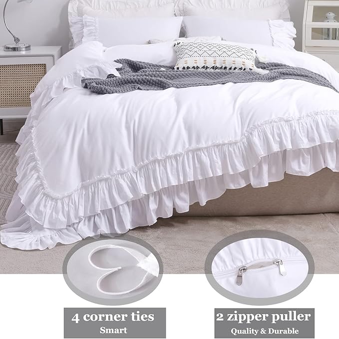 QSH Ruffle White Duvet Cover California King Size- Washed Cotton Shabby Farmhouse Chic Ruffled Bedding 3pcs(1 Soft Cotton Duvet Cover +2 Ruffle Pillowshams) Aesthetic French Country Calking Bed