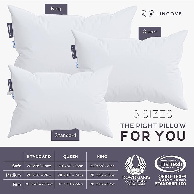 Lincove Cloud Natural Canadian Down Pillow, White Luxury Sleeping Pillow - 625 Fill Power, 500 Thread Count Cotton Shell, Made in Canada, King - Soft, 1 Pack