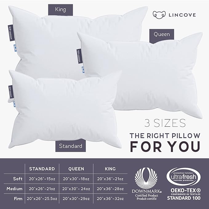 Lincove Cloud Natural Canadian Down Pillow, White Luxury Sleeping Pillow - 625 Fill Power, 500 Thread Count Cotton Shell, Made in Canada, Queen - Medium, 1 Pack