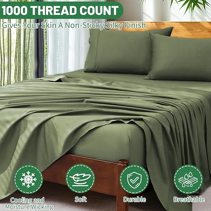 Extra Deep Pocket Queen Sheets 18-24 Inch 1000 Thread Count 100% Egyptian Cotton Sateen Weave Soft Breathable 4 Pieces（Queen,Olive Green）