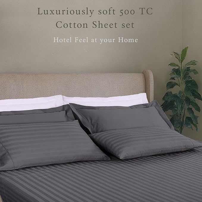 Threadmill 500 Thread Count King Size Damask Stripe, 4 Pc Luxury Cotton Sheet Set, Silky Soft & Breathable Dark Grey Sheets with 16" Elasticized Deep Pocket, 2 Pillowcases & Free Tote Bag
