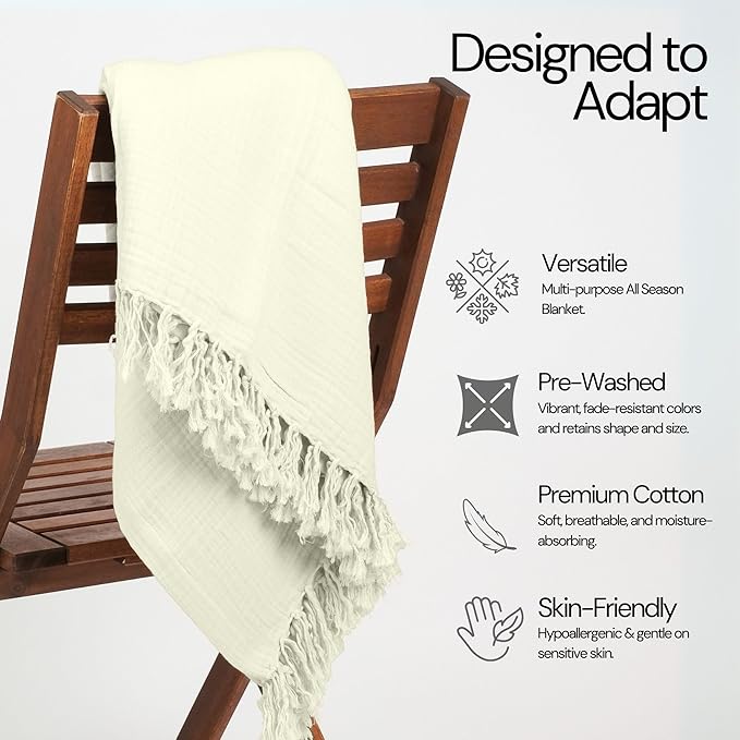 Salt Earth 100% Cotton Muslin Throw Blanket, Gauze Blanket 50"X60" Throw with Tassel 4 Layered for Couch, Bed, Living Room, Home, Lightweight & All Season Blankets & Throws, Skin Friendly (Sea Foam)
