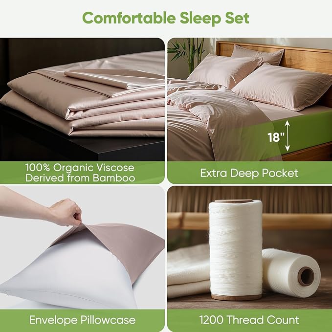 TWK Luxury Sheet Set, Genuine 100% Organic Viscose Derived from Bamboo, Cooling & Breathable, Silky Soft, Bedding Sheets & Pillowcases (Sand, California King)