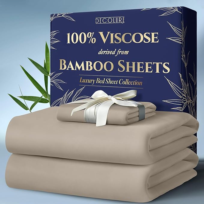 DECOLURE 100% Viscose Derived from Bamboo Sheets Twin Size 3pcs - Ultra Soft & Luxuriously Cooling, 17" Deep Pocket, Double Stitching, Perfect for Hot Sleepers - Twin Bed Sheets (Taupe)