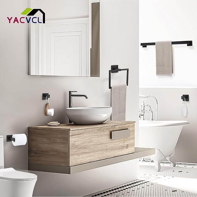 YACVCL 5 Pieces Matte Black Bathroom Hardware Set Towel Bar Set for Bathroom, Stainless Steel Towel Holder Set Wall-Mounted Bathroom Accessorie Set,23.6 Inch