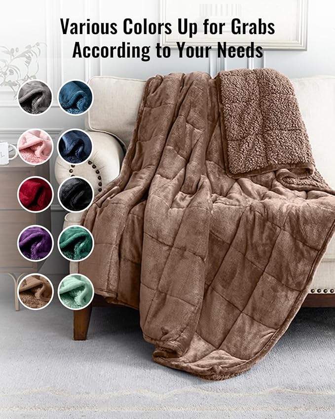 Uttermara Sherpa Fleece Weighted Blanket 12 lbs for Adults, Unicolor Ultra-Soft Fleece and Sherpa, Dual Sided Cozy Plush Blanket for Sofa Bed, 48 x 72 inches, Brown
