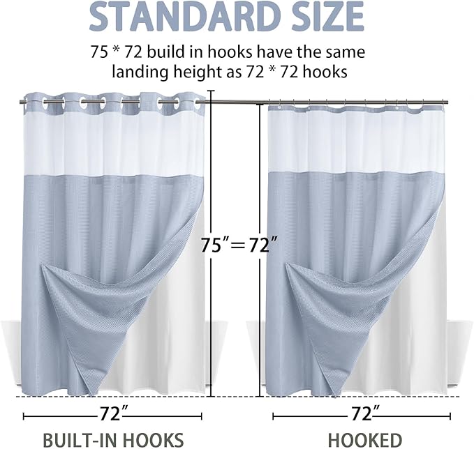 YellyHommy No Hook Shower Curtain with Snap in Liner Set Less Time Waffle Shower Curtain for Bathroom 75" L x 72" W Mist Blue