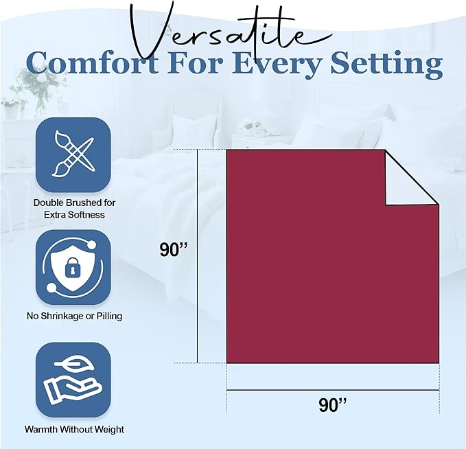 Thermee Micro Flannel Full/Queen Size Blankets, Lightweight All Seasons Cozy Blanket, Throw Blankets for Home and Living Room, Comfy & Soft Blanket for Couch, Machine Wash, No Pilling - Burgundy