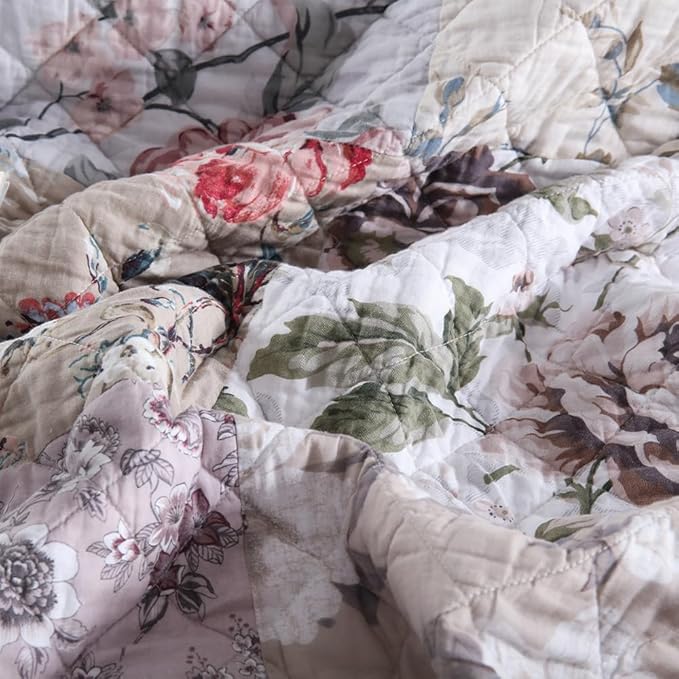 Cotton Bedspread Quilt Bedding Sets 3 Pieces Reversible Coverlet Sets Comforters Vintage Floral Patchwork White Bedspread, Queen Size
