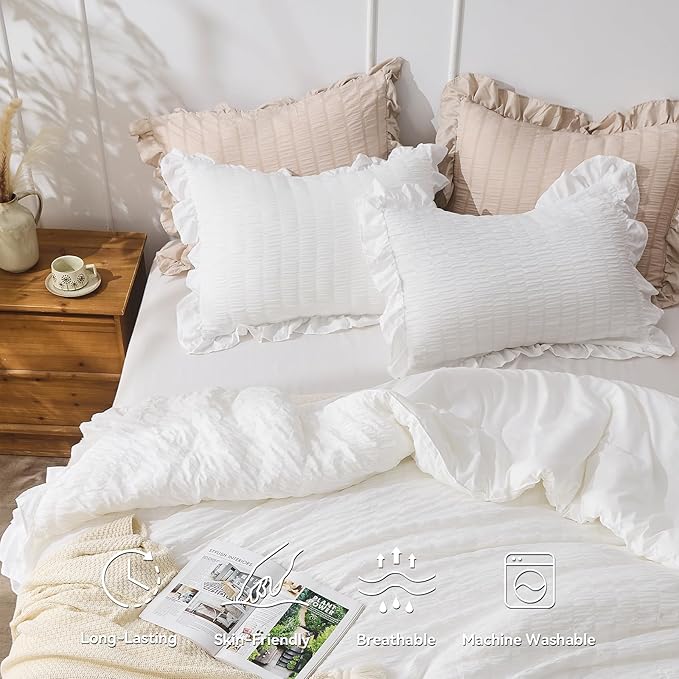 JOLLYVOGUE White King Comforter Set, 3 Pieces Seersucker Comforters King Size, Lightweight & Fluffy Bedding Sets King for All Season with 1 Ruffle Comforter and 2 Ruffle Pillowshams