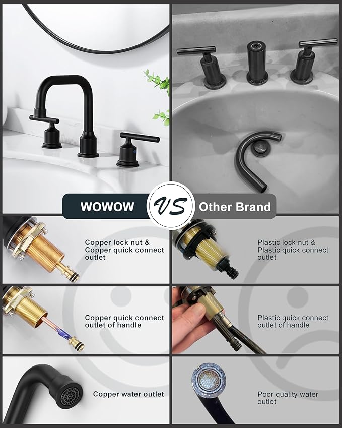 WOWOW Two Handles Widespread 8 inch Bathroom Faucet Black 3 Pieces Basin Faucets 360 Degree Swivel Spout Lavatory Sink Faucet