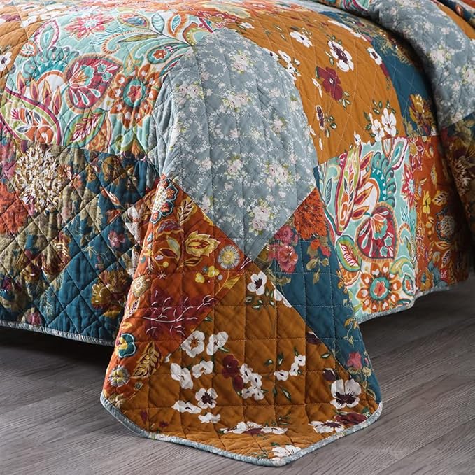 Cotton Bedspread Quilt Bedding Sets 3 Pieces Reversible Coverlet Sets Comforters Luxury Paisley Floral Patchwork Brown Bedspread, King Size