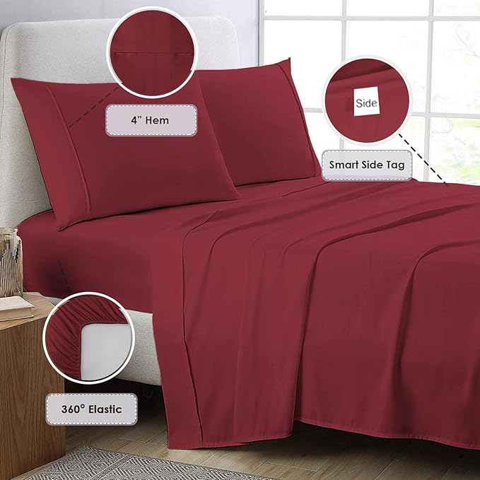 Pizuna Pure 100% Cotton Sheets Queen Size, 800 Thread Count Long Staple Cotton Crisp Sateen Sheets Queen with 15" Deep Pocket (Combed Rio Red Cotton Sheets Queen)