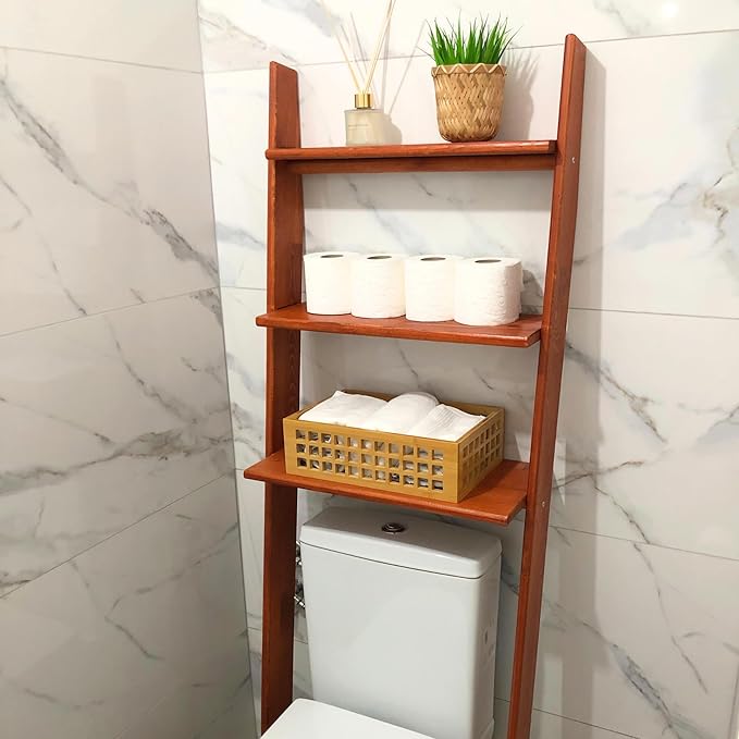 Over The Toilet Birch Wood Bathroom Organizer Shelves, 3-Tier Freestanding Above Toilet Storage Ladder Shelf, Standing Space Saver Behind Toilet Small Bathroom Organizer (Chestnut)