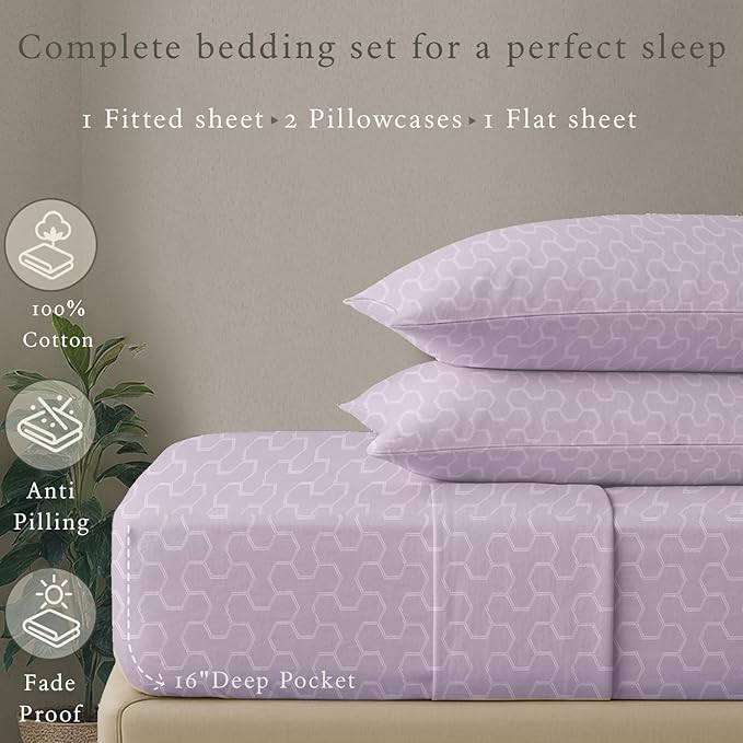 Threadmill 100% Cotton Sheets for King Size Bed | Damask Sateen All-Season 500Thread Count 4 Pc King Bed Sheets Set | Soft, Breathable Hotel Quality | Snug Fit Elastic Deep Pocket King Sheets | Lilac