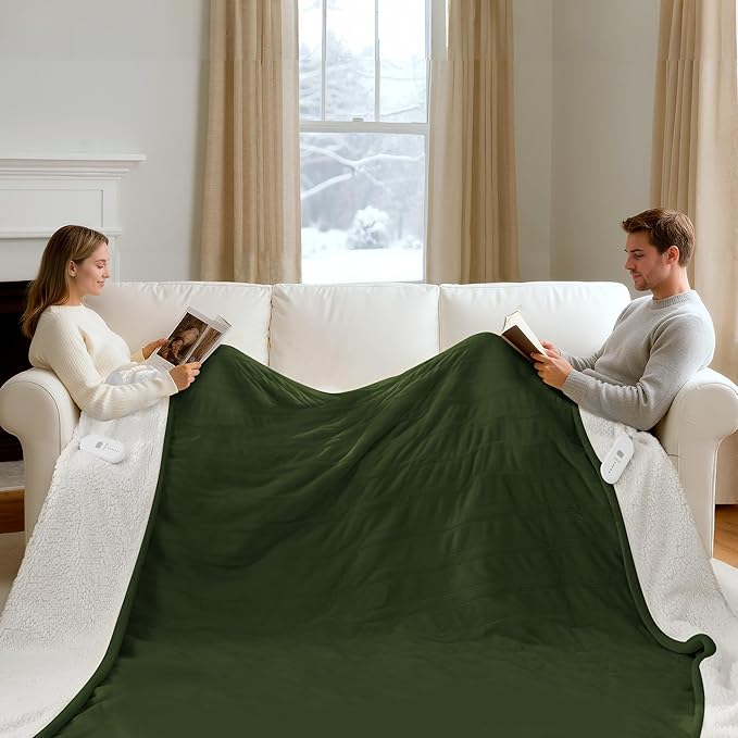 King Heated Blanket Dual Control - 100 X 90 Inch Washable Electric Blanket with 5 Heating Levels, 10 Hours Auto Off, ETL Certified, Soft Flannel Sherpa Heating Blankets for Bed, Green