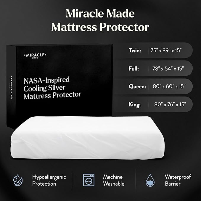 Miracle Made Mattress Protector – Silver-Infused Cotton Fabric – Water-Resistant, Thermoregulating Cover for Sensitive Skin – Compatible with 3-Temperature Zone Comforter, Twin, White