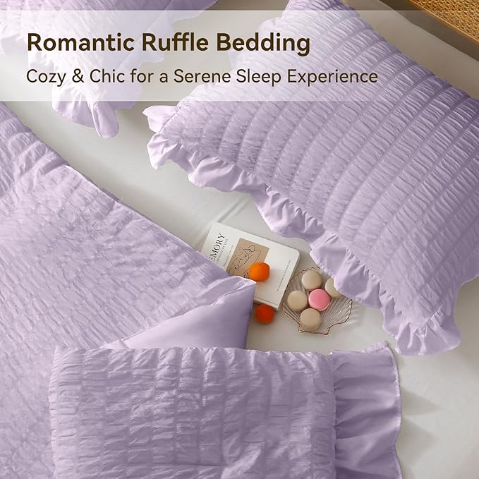 JOLLYVOGUE Lavender Twin Size Comforter Set, 2 Pieces Seersucker Lightweight Fluffy Bedding Set, Twin Ruffle Comforter, All Season Soft Microfiber Shabby Chic Bed Set
