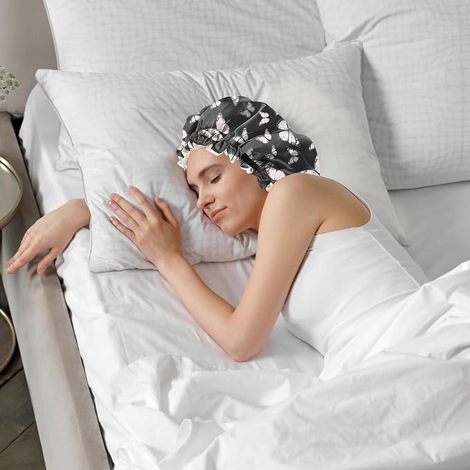 2 PCS Bonnets for Women Girls Satin Hair Bonnet Silk Adjustable Elastic Double Layer Hair Wrap Sleep Cap Comfort Cute-Flower Butterfly