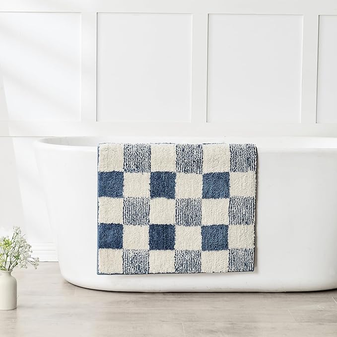 CozeCube Bath mats for Bathroom Non Slip, Fluffy Absorbent Microfiber Bath mat Washable, Aesthetic Bathroom Rugs, Large Navy Blue Checkered Bath mat, Navy Blue, 36" x 24"