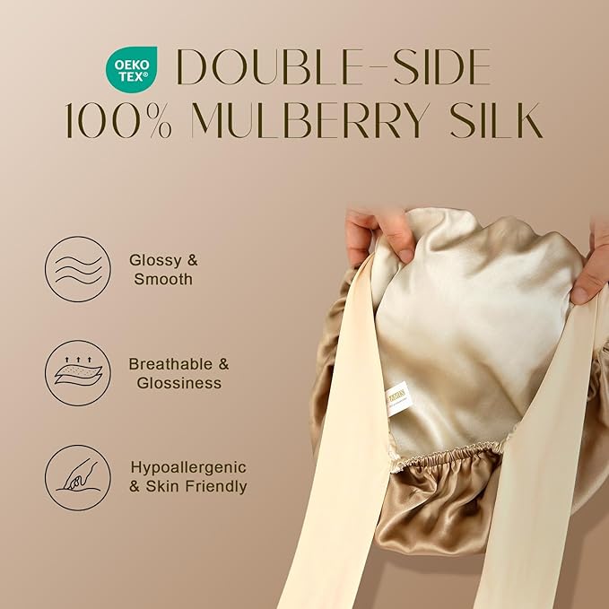 ZIMASILK 100% Mulberry Silk Bonnet for Sleeping Women Long Hair Double Layer Silk Hair Wrap with Tie Band Stay On Head (1Pc, Light Coffee)