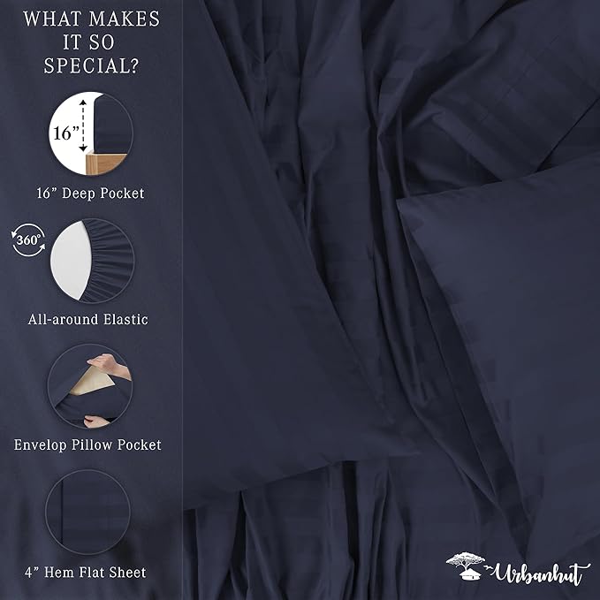 URBANHUT 1000 Thread Count Damask Striped King Sheet Set Egyptian Cotton Sheets, Long Staple Soft & Breathable, 4 Pcs Bed Sheet Sets, Luxury Hotel Sateen Sheets Fits 16" Deep Pocket - Navy Blue