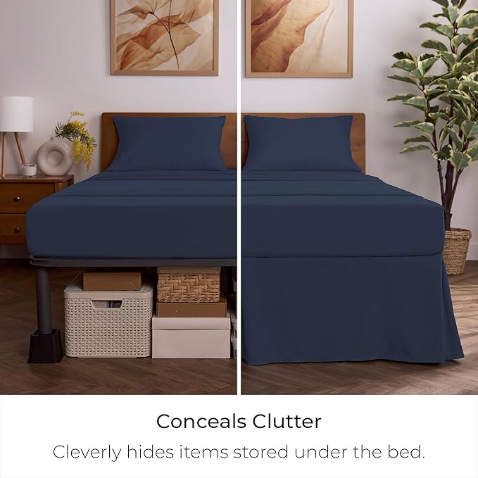 Mellanni Bed Skirt Cal King Size- Bed Skirting - 15-Inch Tailored Drop Pleated Dust Ruffle - Hotel Luxury Bedding - Wrinkle, Fade, Stain Resistant - 1 Bedskirt (Cal King, Navy Blue)
