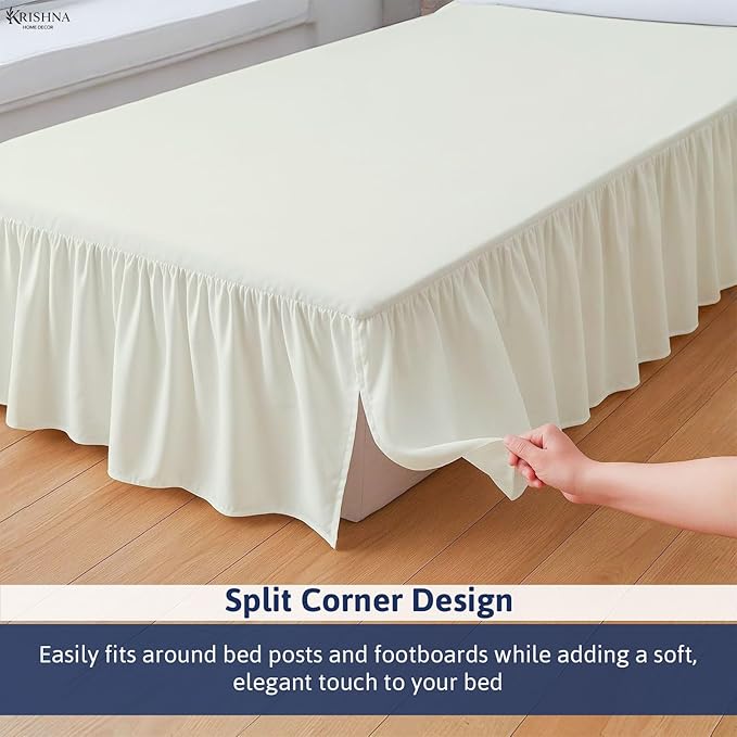 KRISHNA Ruffled Bed Skirt with Split Corners Queen, 100% Microfiber Hotel Quality, 28 Inch Drop Dust Ruffle Gathered Bedskirt with Platform, 60" x 80", Ivory