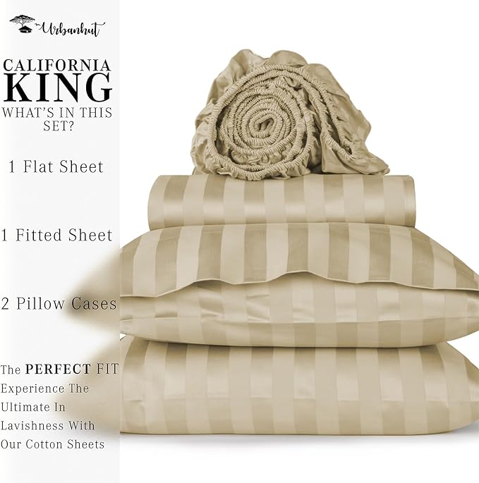 URBANHUT 1000 Thread Count Pure Cotton California King Striped Sheets Set (4 Pc) - Ultra Soft & Smooth, Thick & Crisp Sateen Weave Calking Striped Bedsheets with 16" Deep Pockets - Sand.