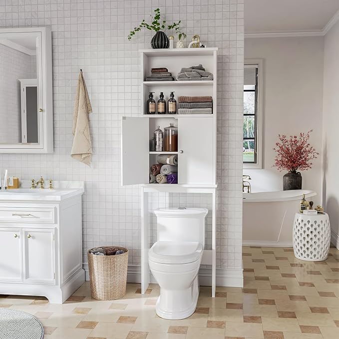 Meilocar Over The Toilet Storage Cabinet for Bathroom, Extra Tall Over Toilet Storage, Space Saver W/Adjustable Shelf & Open Storage Shelf, 75in, White