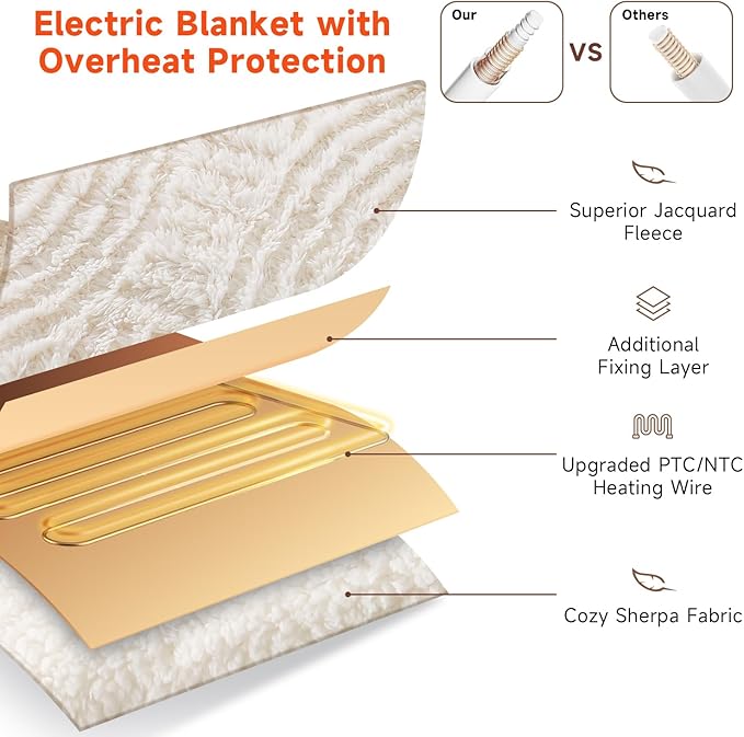 Heated Blanket King Size - 100"x90" Cozy Soft Jacquard Heating Blanket with 4 Heat Levels & 10 Hours Auto-Off, Jacquard Fleece, Overheating Protection, Warm Gifts, Cream