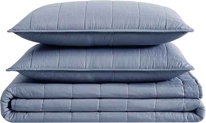 London Fog Garment Washed Solid Quilt Set Blue Microfiber 3-Piece Full/Queen Quilt Set, Solid Themed, Adult and Teen, Oeko-TEX Certified