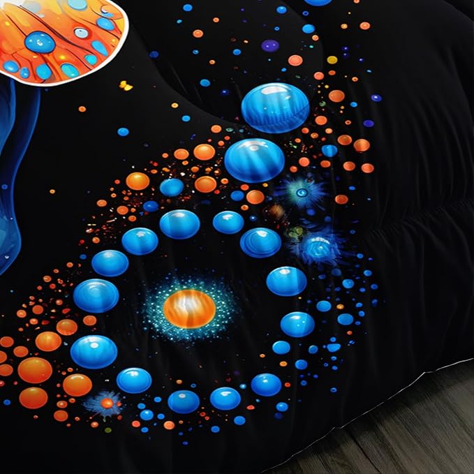 Gothic Skull Comforter Set Full Size - Blue Orange Granular Ball Butterfly Printed Bedding With 2 Pillowcases - Halloween Horror Themed for Kids
