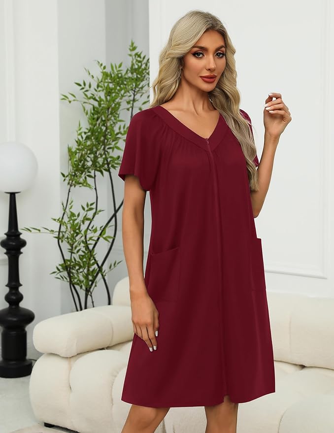 Ekouaer Women Robe Zipper Front Mumu Duster Robes Zip Up Housecoat Soft Sleepwear with Pockets S-3XL