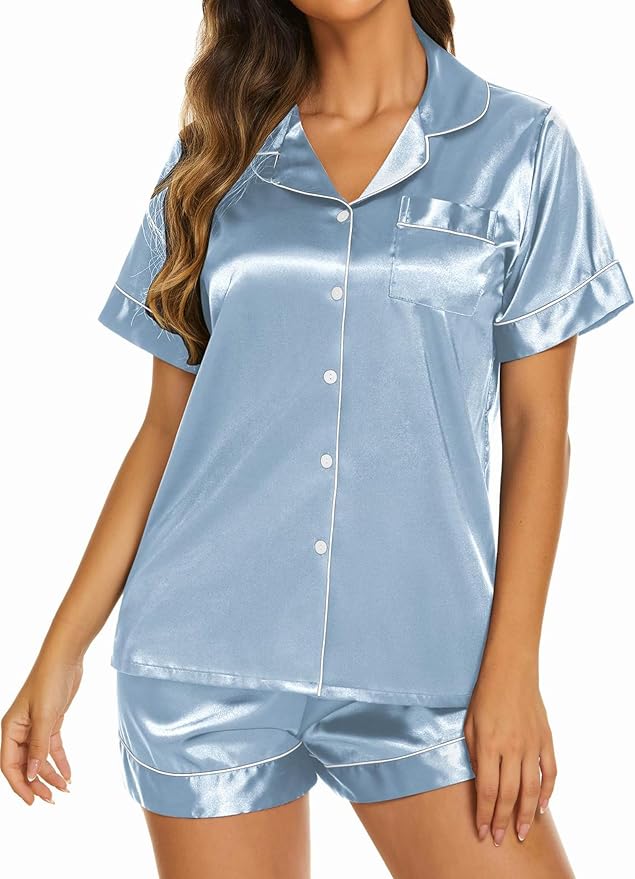 Ekouaer Pajamas for Women Set Silk Satin Pjs Shorts Sleepwear 2 Piece Loungewear S-XXL
