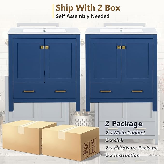 60" Bathroom Vanity Set with Double Vanities, Double Ceramic Sinks, Storage Shelf, Soft Closing Doors, Divided Drawers (Mirror not Included), Large Bathroom Vanity Sink Set (Blue)