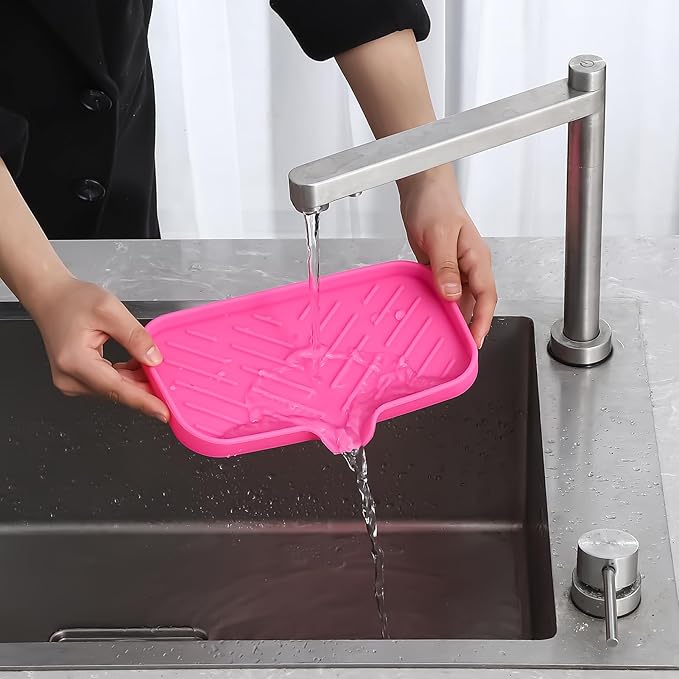 Silicone Bathroom Soap Dishes with Drain Spout-Bathroom and Kitchen Sink Organizer,Sponge Holder,Dish Soap Tray,Perfect for Dispenser,Scrubber,Bottle,Cup on Sink or Counter-Rose 9.6"×5.3"