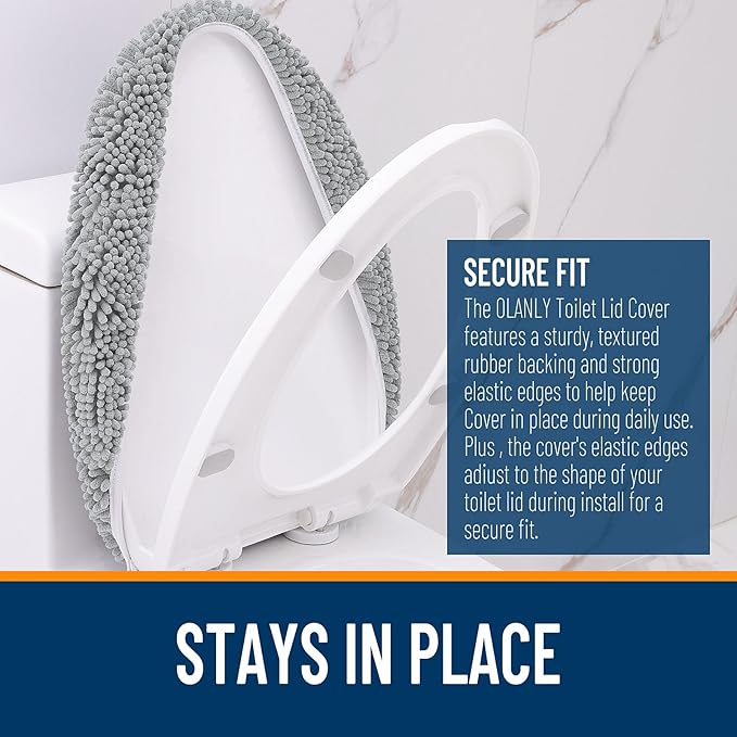 OLANLY Soft Chenille Bathroom Toilet Lid Cover, Machine Washable Seat Covers, 17.5x15, Stays in Place Rubber Backing, Fits Most Round, Elongated and Oblong Lids, Accessories Decor, Light Gray